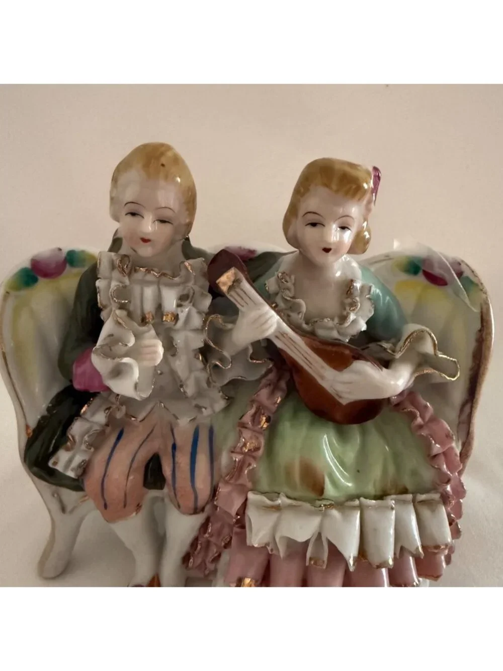 Vintage Bone China Lace Musical Couple Figurine Mandolin Players Hand Painted Po - Picture 13 of 15